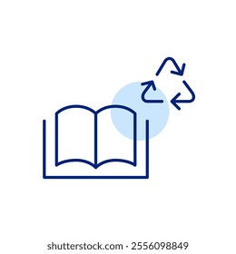 Open book and recycling arrows. Sustainable paper print. Resources conservation and ecology thinking. Pixel perfect, editable stroke icon