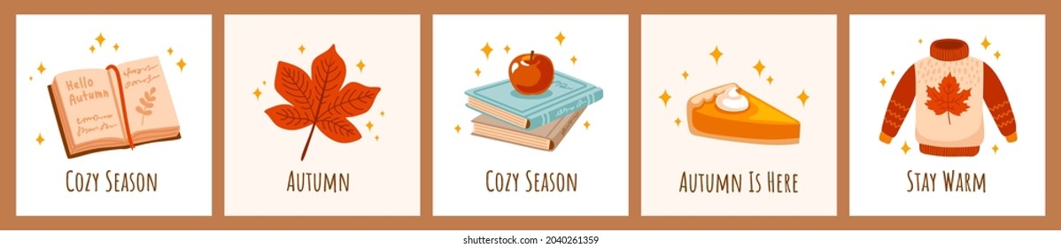 Open book, red autumn leaf, books, pumpkin pie and knitted sweater. Set of fall season cozy elements, cute seasonal prints, greeting cards, postcards. Hand drawn vector illustrations.