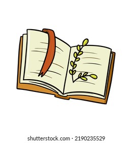 An open book with a red bookmark with an autumn twig, a vector illustration in cartoon style on a white background