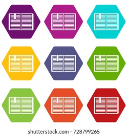 Open book with red bookmark icon set many color hexahedron isolated on white vector illustration