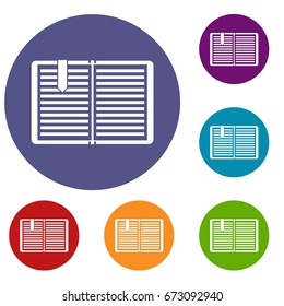 Open book with red bookmark icons set in flat circle reb, blue and green color for web