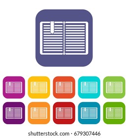Open book with red bookmark icons set vector illustration in flat style In colors red, blue, green and other