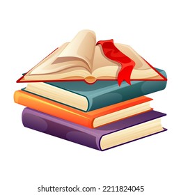 Open Book With Red Bookmark On Stack Of Colorful Library Books Isolated On White Background. Back To School. Tradicional Literature Novel Story, Learning History For College Exam. Vector Illustration