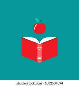 Open book with red book cover and red apple.  Isolated on blue background. Flat icon. Vector illustration. Science reading logo. Education and knowledge symbol