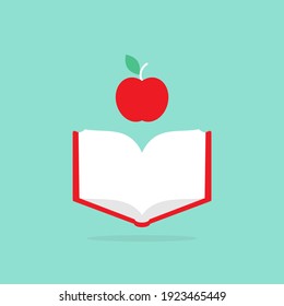 Open Book With Red Book Cover And Red Apple.  Isolated On Blue Background. Flat Icon. Vector Illustration. Science Reading Logo. Education And Knowledge Symbol