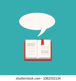 Open book with red book cover and bookmark with speech bubble flying out. Isolated on turquoise background.  Flat reading icon. Vector illustration. quotation logo. 