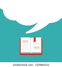 Open book with red book cover and red bookmark and big  white speech bubble flying out.  Isolated on blue background.  Flat reading icon. Vector illustration. quotation logo. tip, hint, prompt