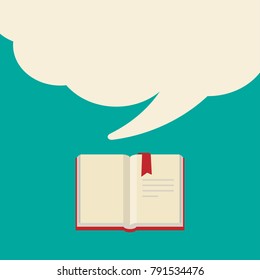 Open book with red book cover and bookmark with big speech bubble flying out. Isolated on turquoise background.  Flat reading icon. Vector illustration. quotation logo. 