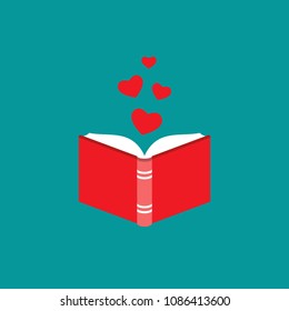 Open Book With Red Cover And Red Hearts Flying Out. Isolated On Turquoise Background. Bibliophile Flat Icon. Vector Illustration. Love Reading Logo. Romantic Book Pictogram. 