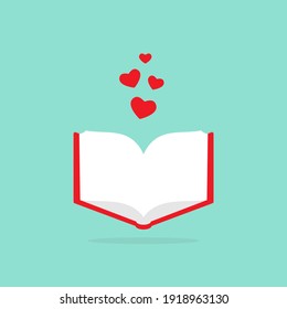 Open book with red cover and red hearts flying out. Isolated on blue background. bibliophile flat icon. Vector illustration. Love reading logo. Romantic book. St. Valrntine card