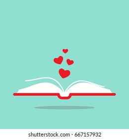 Open Book With Red Cover And Red Hearts Flying Out. Isolated On Turquoise Background. Bibliophile, Book Lover Flat Icon. Vector Illustration. Love Reading Logo. Romantic Book Pictogram. 