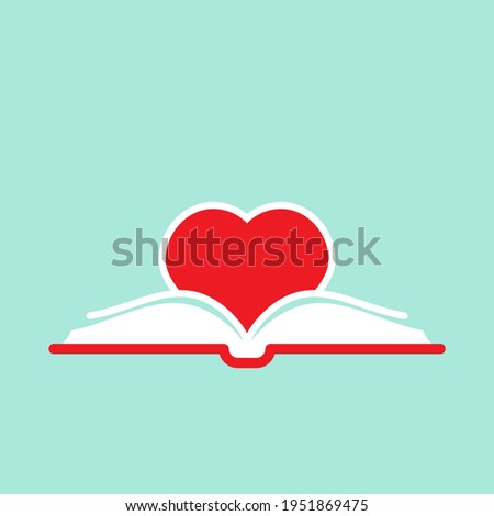 Open book with red cover and red hearts flying out. Isolated on turquoise background. bibliophile, book lover flat icon. Vector illustration. Love reading logo. Romantic book pictogram. 