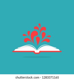 Open book with red book cover and red paint drops flying out.  Isolated on blue background. Flat icon. Vector illustration. Creative, imagination, fantasy. Education logo. Fairytale.