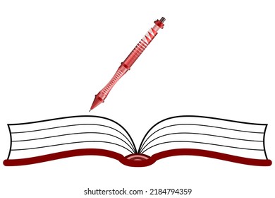 An open book with a red cover and a red pen above it