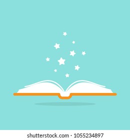 Open book with red book cover and white stars flying out.  Isolated on powder blue background. Flat icon. Vector illustration. Magic reading logo. Fairytale pictogram. Book for kids