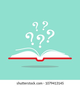 Open book with red book cover and white question marks. Isolated on turquoise background. Flat vector reading icon. Unknown book pictogram. Ask symbol. Curiosity logo.