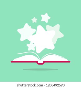 Open book with red book cover and white stars flying out.  Isolated on turquoise background. Flat icon. Vector illustration. Magic reading logo. Fairytale pictogram. Book for kids