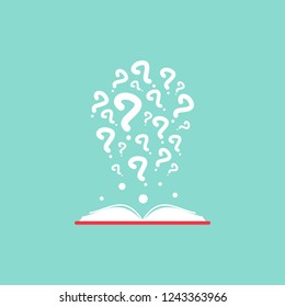 Open book with red book cover and white question marks. Isolated on turquoise background. Flat vector reading icon. Unknown book pictogram. Ask symbol. Curiosity logo.
