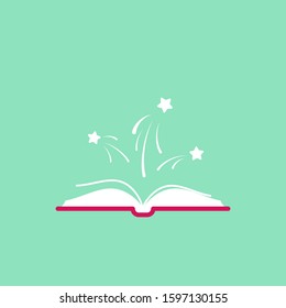 Open book with red book cover and white stars flying out.  Isolated on powder turquose background. Flat icon. Vector illustration. Magic reading logo. Fairytale,  Book for kids