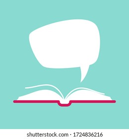 Open book with red book cover and white speech bubble flying out.  Isolated on powder blue background.  Flat reading icon. Vector illustration. quotation logo. tip, hint, prompt. School, education