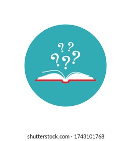 Libro abierto con portada de libro rojo y signo de interrogación blanco en círculo azul aislado en fondo blanco. Icono de lectura de vector plano. Pictograma de libro desconocido. Símbolo de pregunta. Logo de la curiosidad.