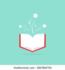 Open book with red book cover and white stars flying out.  Isolated on powder blue background. Flat icon. Vector illustration. Magic reading logo. Fairytale,  Book for kids