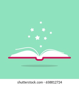 Open book with red book cover and white stars flying out.  Isolated on turquoise background. Flat icon. Vector illustration. Magic reading logo. Fairytale pictogram.