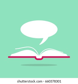 Open book with red book cover and white speech bubble flying out.  Isolated on turquoise. Flat reading icon. Vector illustration. quotation logo. Fairytale pictogram.