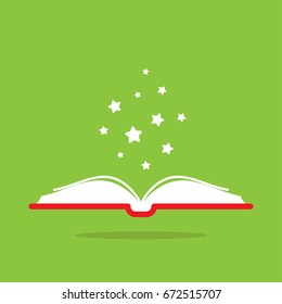 Open book with red book cover and white stars flying out.  Isolated on green background. Flat icon. Vector illustration. Magic reading logo. Fairytale pictogram. Knowledge power sign.