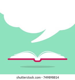 Open book with red book cover and white speech bubble flying out.  Isolated on turquoise. Flat reading icon. Vector illustration. quotation logo. Fairytale pictogram.