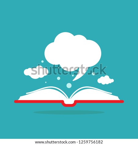 Open book with red book cover and white speech bubble flying out.  Isolated on powder blue background.  Flat reading icon. Vector illustration. quotation logo. tip, hint, prompt. School, education