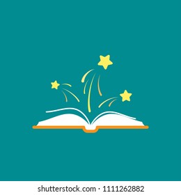 Open book with red book cover and yellow stars flying out.  Isolated on blue background. Flat icon. Vector illustration. Magic reading logo. Fairytale pictogram. Book for kids