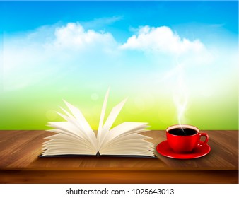 Open book and red cup on a wooden deck with green and blue backdrop. Vector.