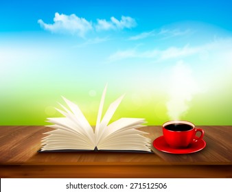 Open book and red cup on a wooden deck with green and blue backdrop. Vector.