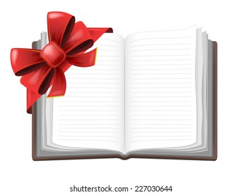 open book with red festive bow wrapping vector isolated illustration