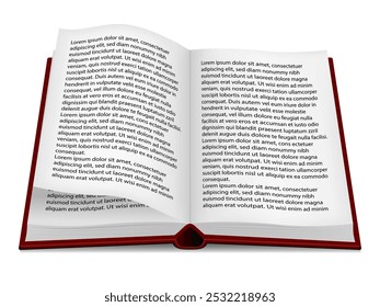 Open book in red hardcover with white pages and text. Book for reading, studying. Vector illustration.
