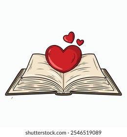 Open book with a red heart on a white background. Vector illustration.