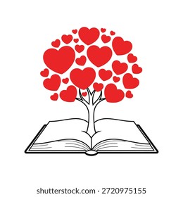Libro abierto con el Vector rojo de la ilustración del árbol de los corazones