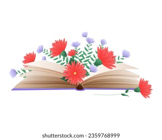Open book with red and purple flowers. Library and literature cartoon vector illustration