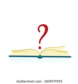 Open book with red question mark, isolated on white background. Knowledge, education, studying concept. Vector flat illustration.