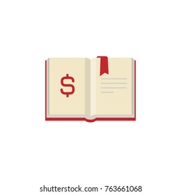 Open Book With Red Ribbon Bookmark And Dollar Sign Isolated On White.  Money Book Business Concept. Flat Vector Illustration. Account Book Symbol.  Investment Ideas.