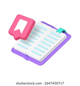 Open book with red speech bubble bookmark icon, representing reading, knowledge and dialogue in educational or business contexts. 3d icon realistic vector illustration
