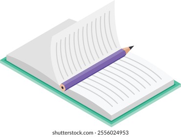 Open book resting on flat surface with purple pencil acting as bookmark, presented in isometric view, emphasizing learning, studying, and knowledge concepts