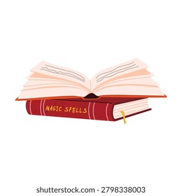 Open book resting on a stack of books. Cozy reading atmosphere illustration for book lovers and autumn themes. Fall reading collection in hand drawn style