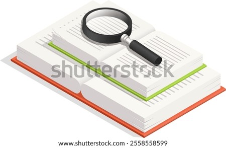 Open book resting on a surface, accompanied by a magnifying glass, representing research, discovery, and the continuous pursuit of knowledge within the realm of literature