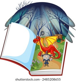 Open book revealing a dragon and wizard
