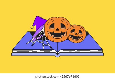 Open book revealing a halloween scene with pumpkin, witch hat and spider web in cartoon hand drawn illustration vector