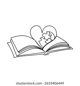 Open book revealing a heart puzzle symbolizing love, knowledge, and connections