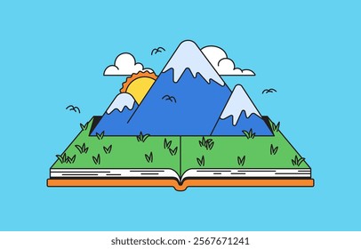 Open book revealing a landscape of mountain, sun, and clouds perfect for adventure and discovery cartoon illustration hand drawn vector