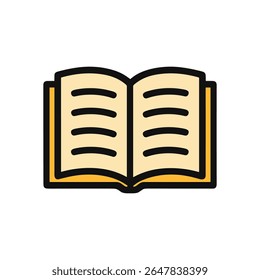 Open book revealing written knowledge. Icon symbol illustration